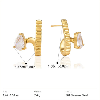 Geometric Zircon Hoop Earrings — Ribbed Pear Solitaire Hoop · Gold