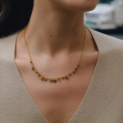 Oval Cabochon Birthstone Necklace — Chip Stone Drop Chain · Gold