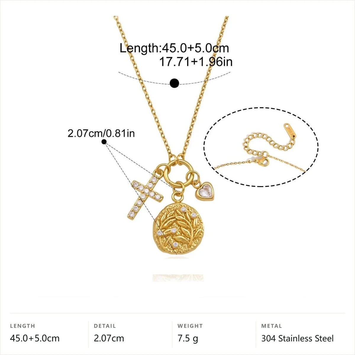 Evil Eye Celestial Pendant Necklace — Cross Heart Coin Charm Trio · Gold