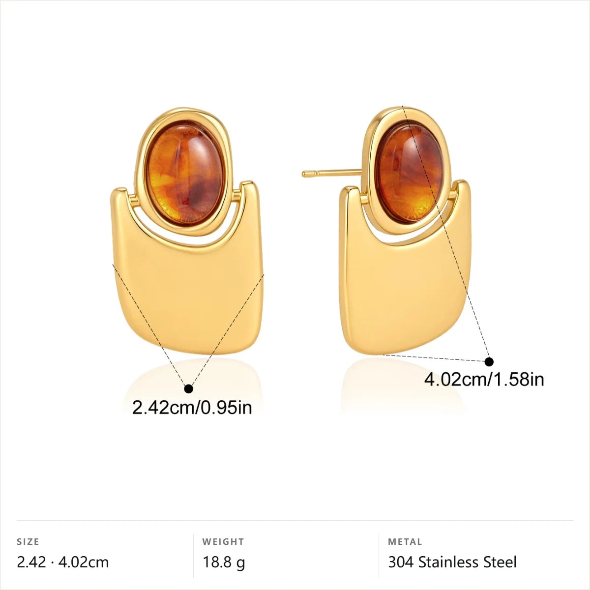 Oval Drop Resin Stud Earrings — Oval Amber Drop Stud · Gold