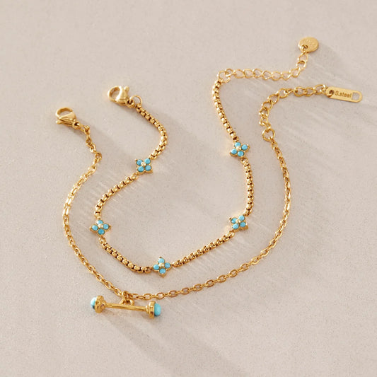 Blue Turquoise Four Petal Chain Bracelet