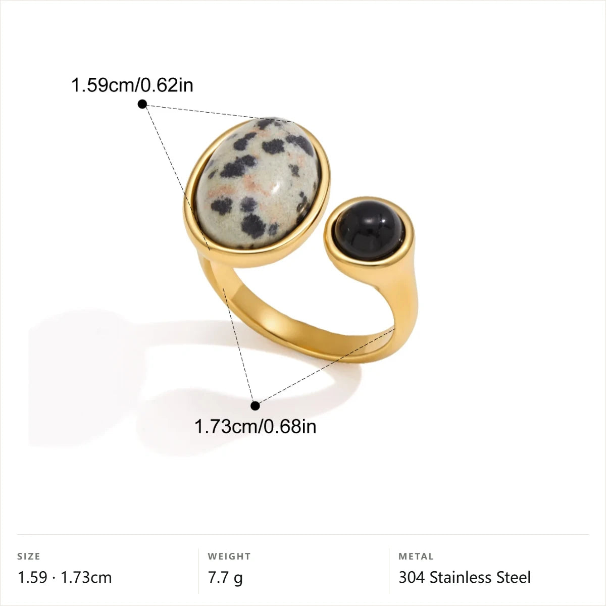 Chunky Oval Cabochon Natural Stone Ring — Dolmation Jasper · Gold