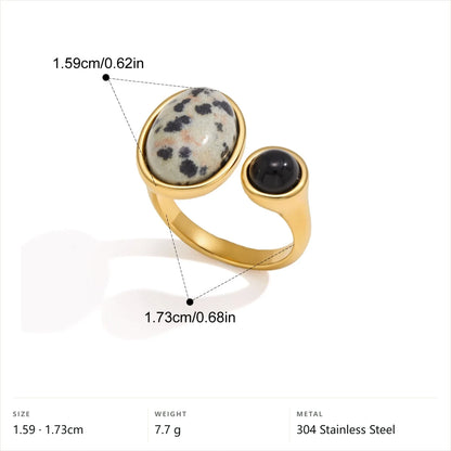 Chunky Oval Cabochon Natural Stone Ring — Dolmation Jasper · Gold