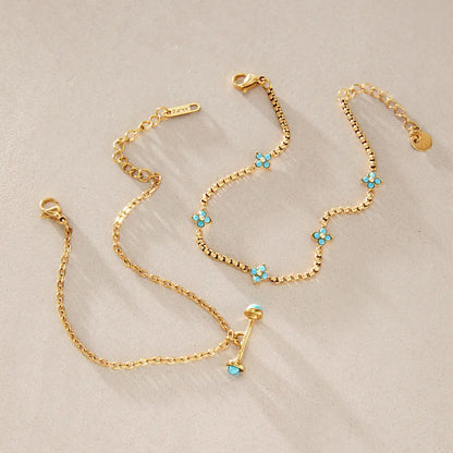 Blue Turquoise Four Petal Chain Bracelet — view 4