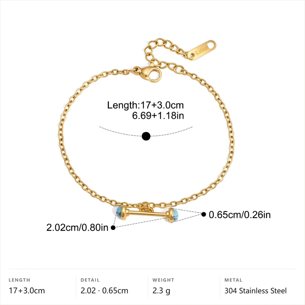 Blue Turquoise Four Petal Chain Bracelet — Blue Tip Cylinder Bar · Gold