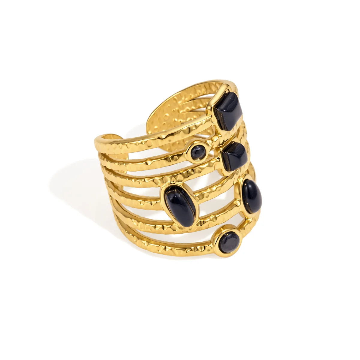 Chunky Cabochon Medallion Ring — Multi-Band Hammered Ring · Gold · Adjustable
