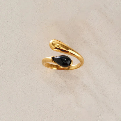 Chunky Cabochon Medallion Ring — Black Teardrop Bypass Ring · Gold · Adjustable