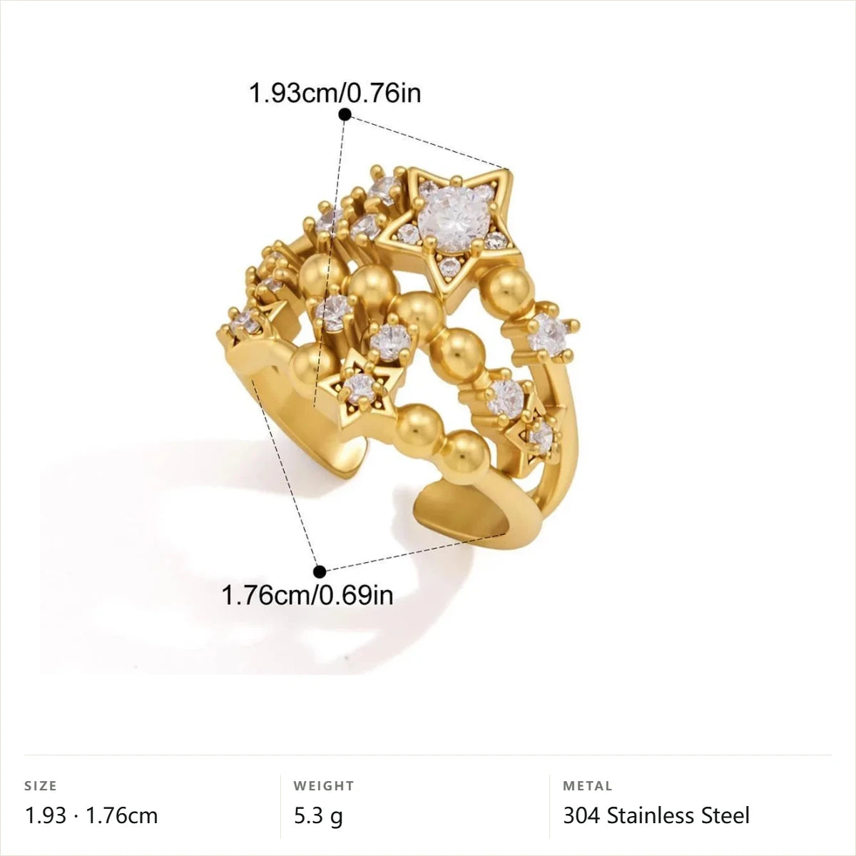 Mixed Cut Wide Cuff Ring — Beaded Star Multi Row · Gold · Adjustable