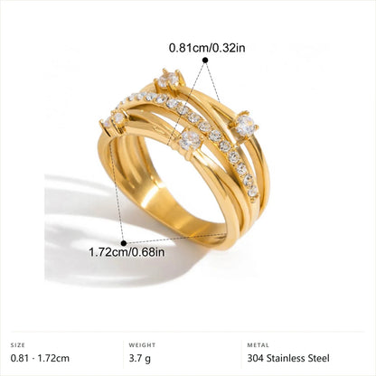 Mixed Cut Wide Cuff Ring — Triple Row Crystal Ring · Gold · 7