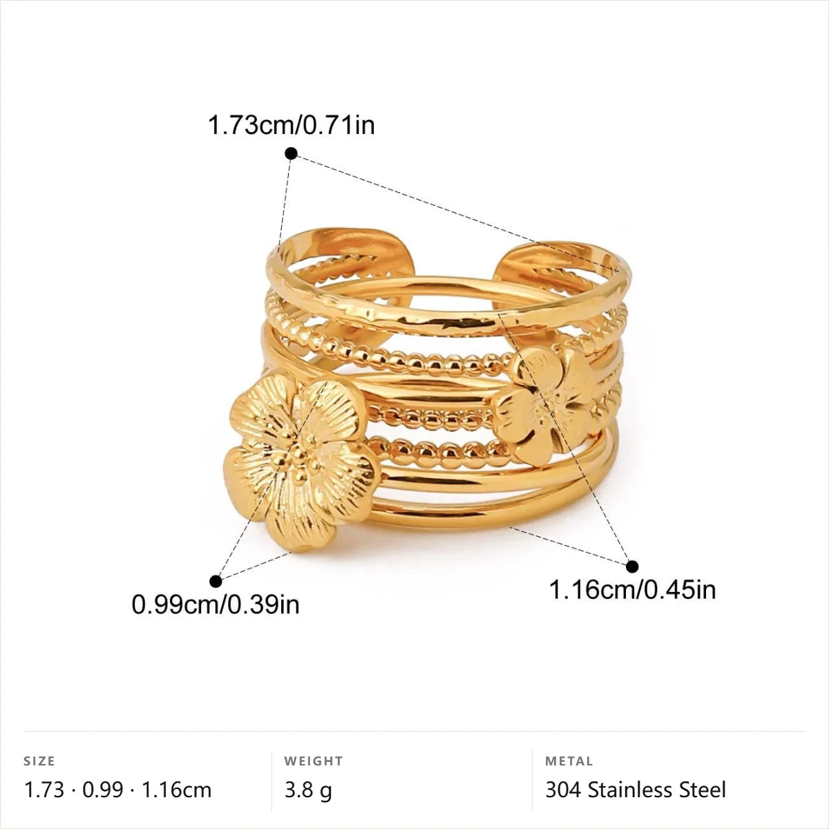 Mixed Cut Wide Cuff Ring — Layered Flower Beaded Ring · Gold · Adjustable
