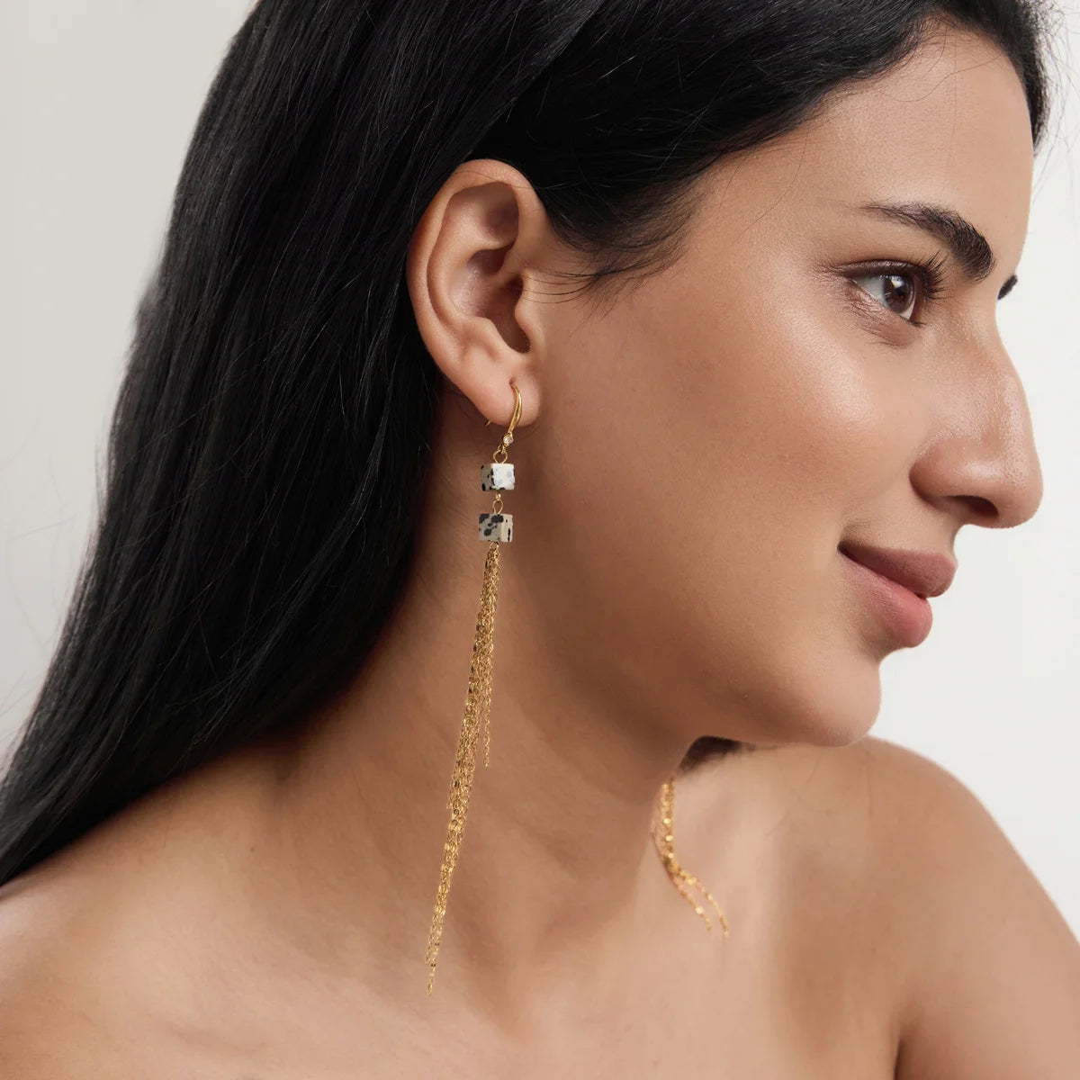 Square Bead Chain Tassel Earrings — view 2