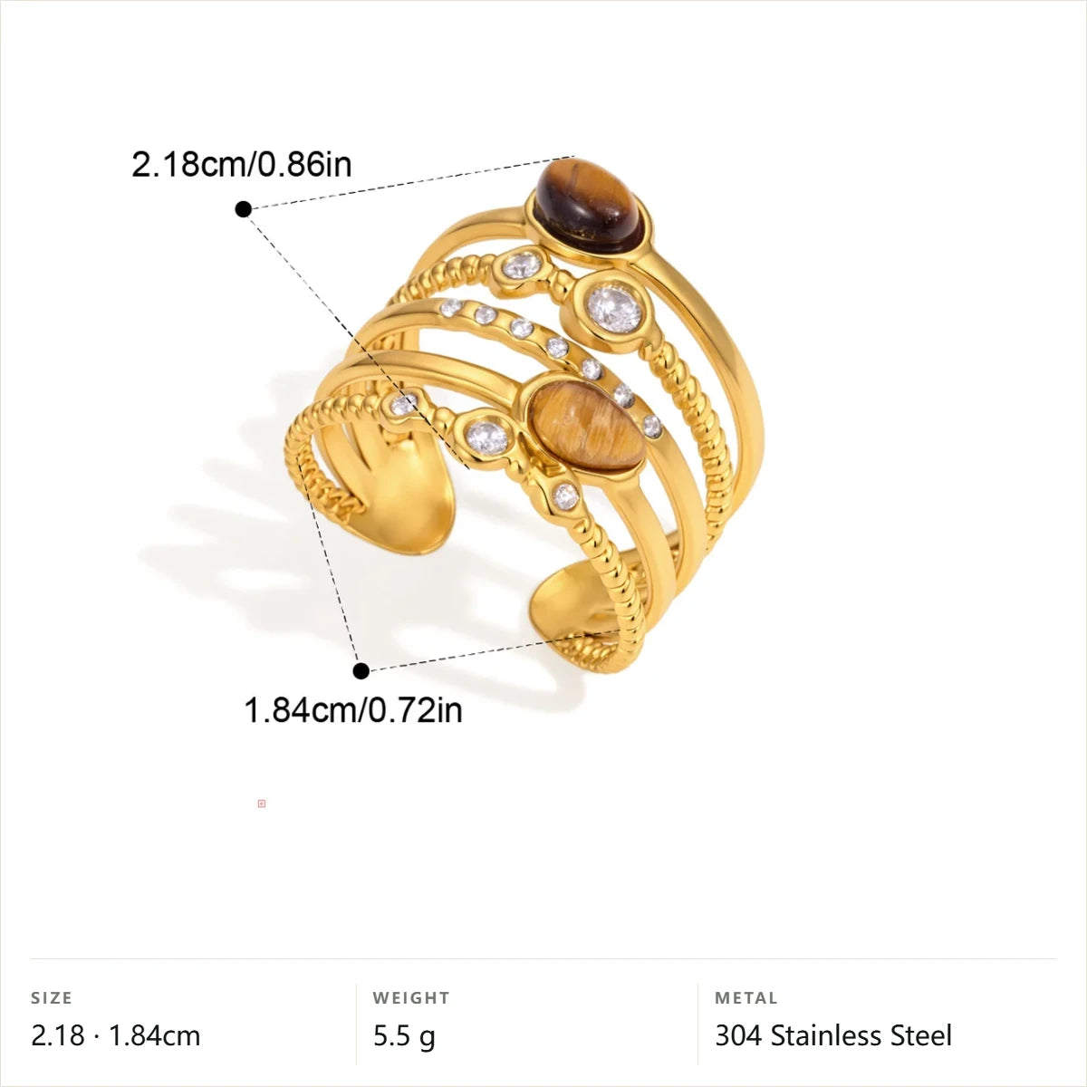 Multi-Band Cabochon Ring — Tiger Eye Twisted Ring · Gold