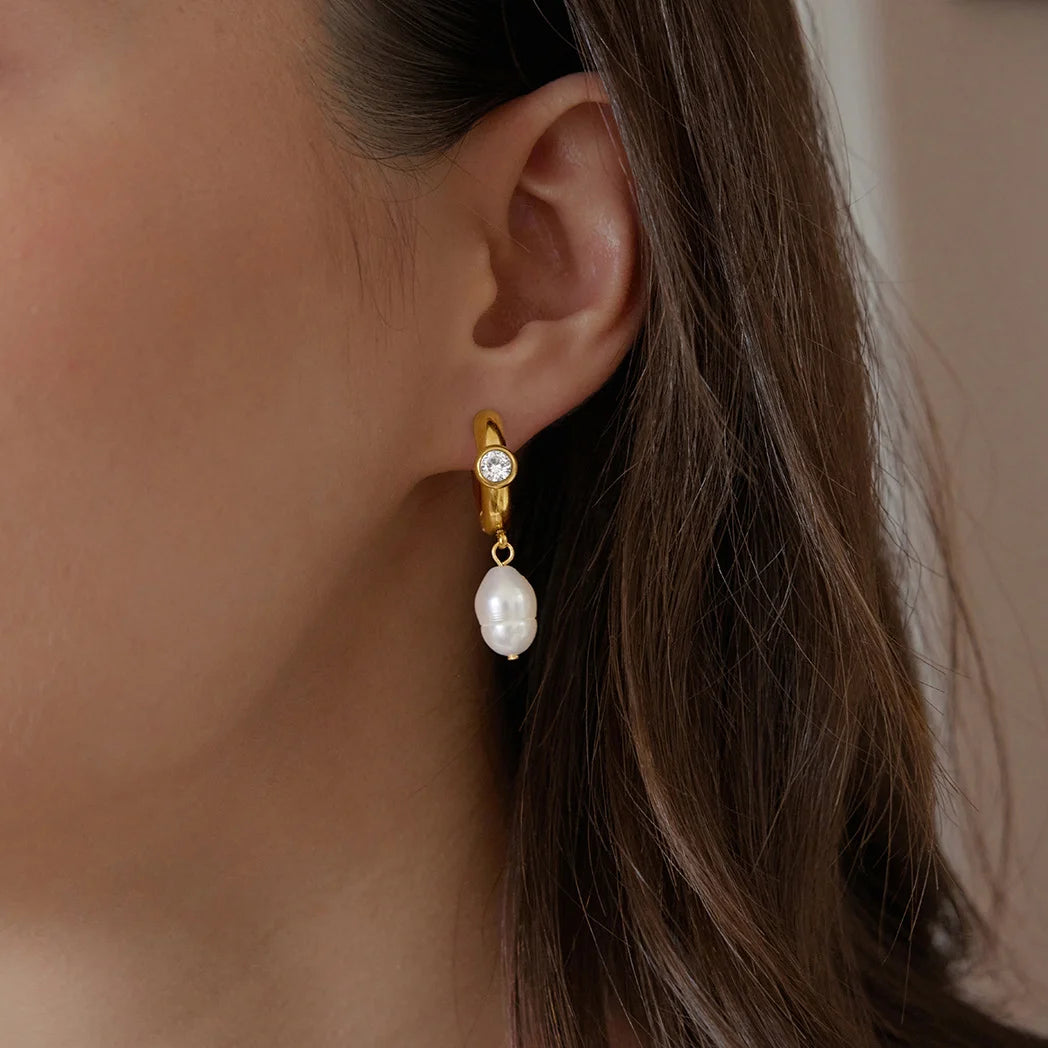 Pearl Drop Hoop Earrings — view 3