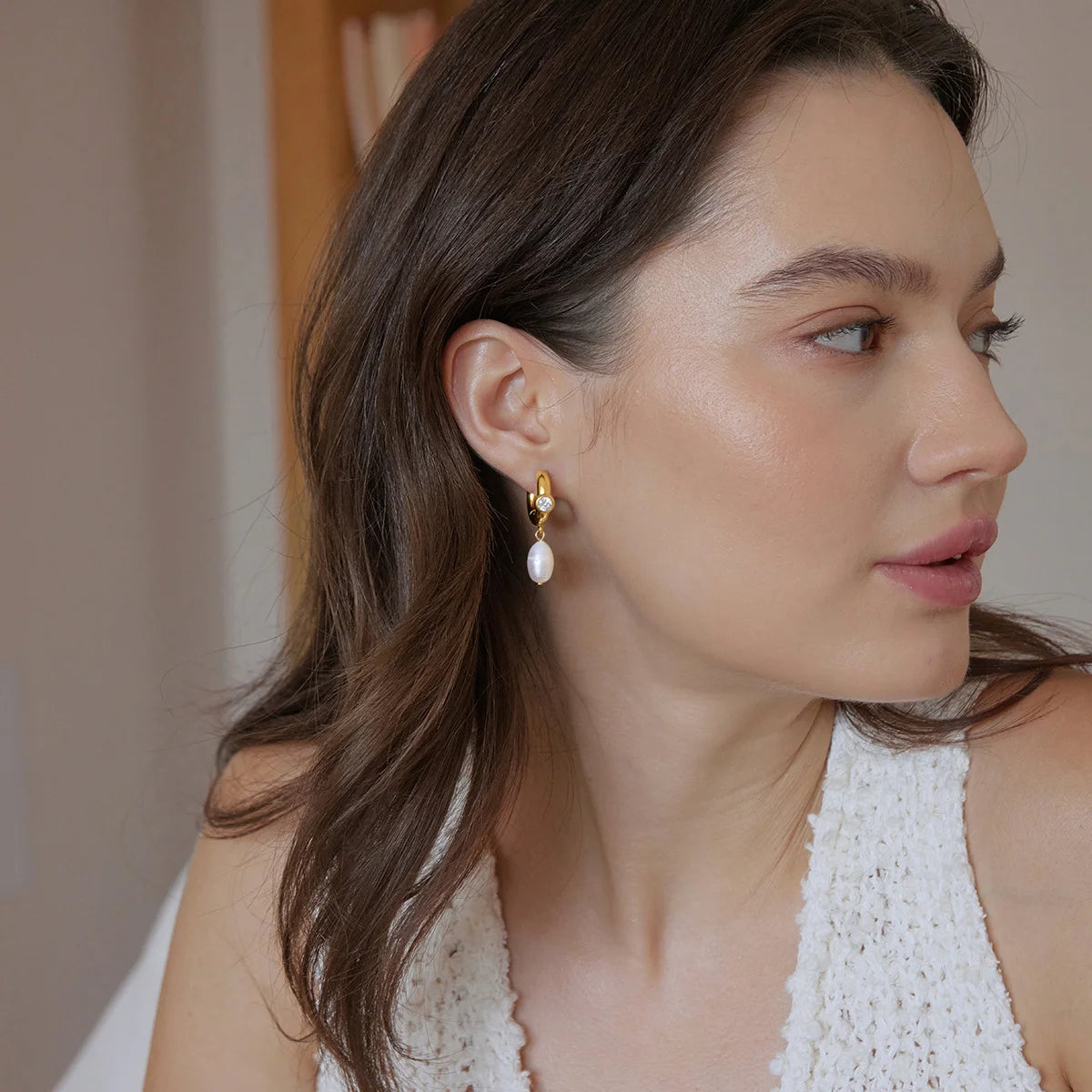 Pearl Drop Hoop Earrings — view 4