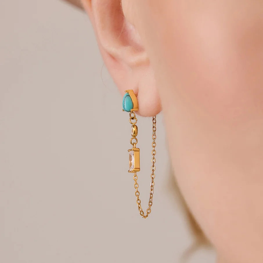 Turquoise Baguette Chain Dangle Earrings — view 2