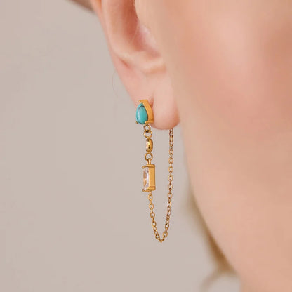 Turquoise Baguette Chain Dangle Earrings — view 2
