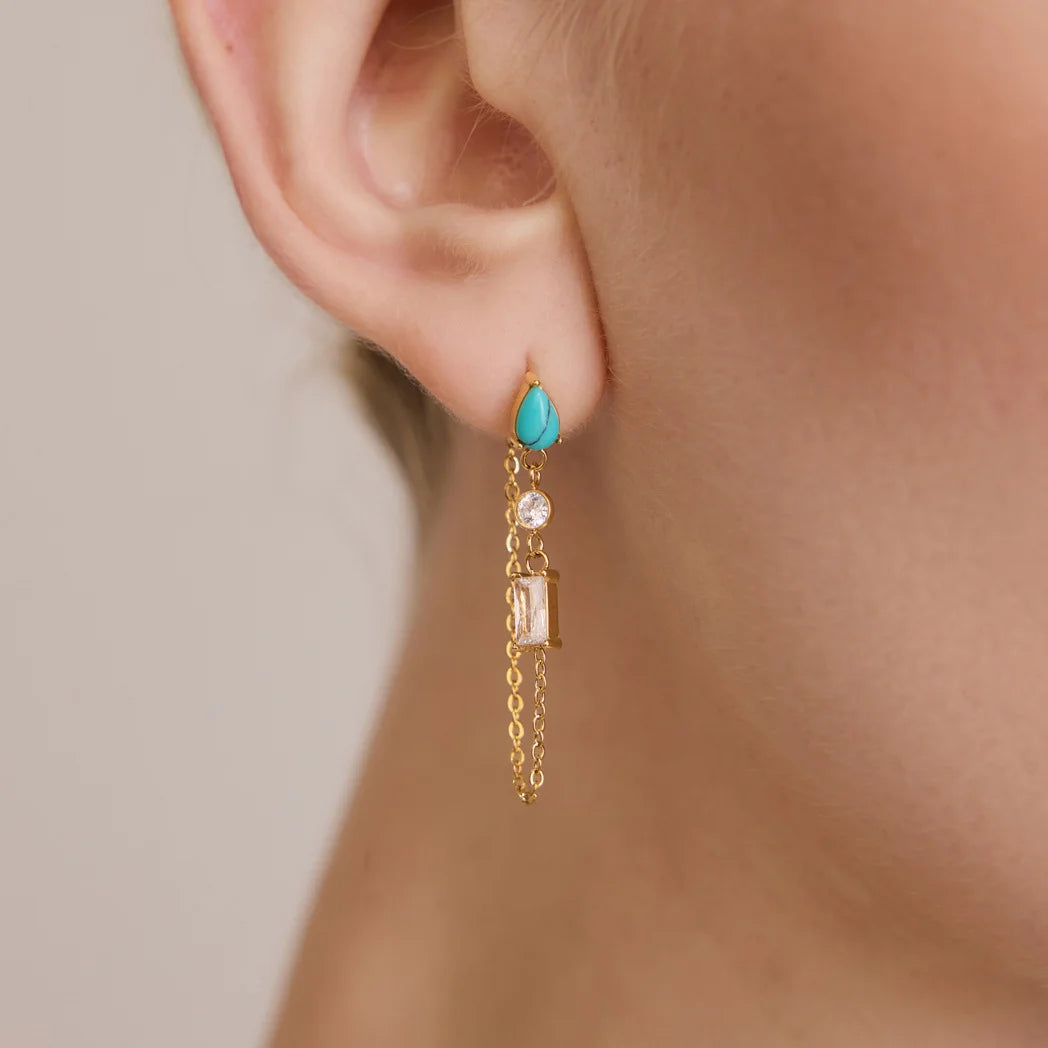 Turquoise Baguette Chain Dangle Earrings — view 4