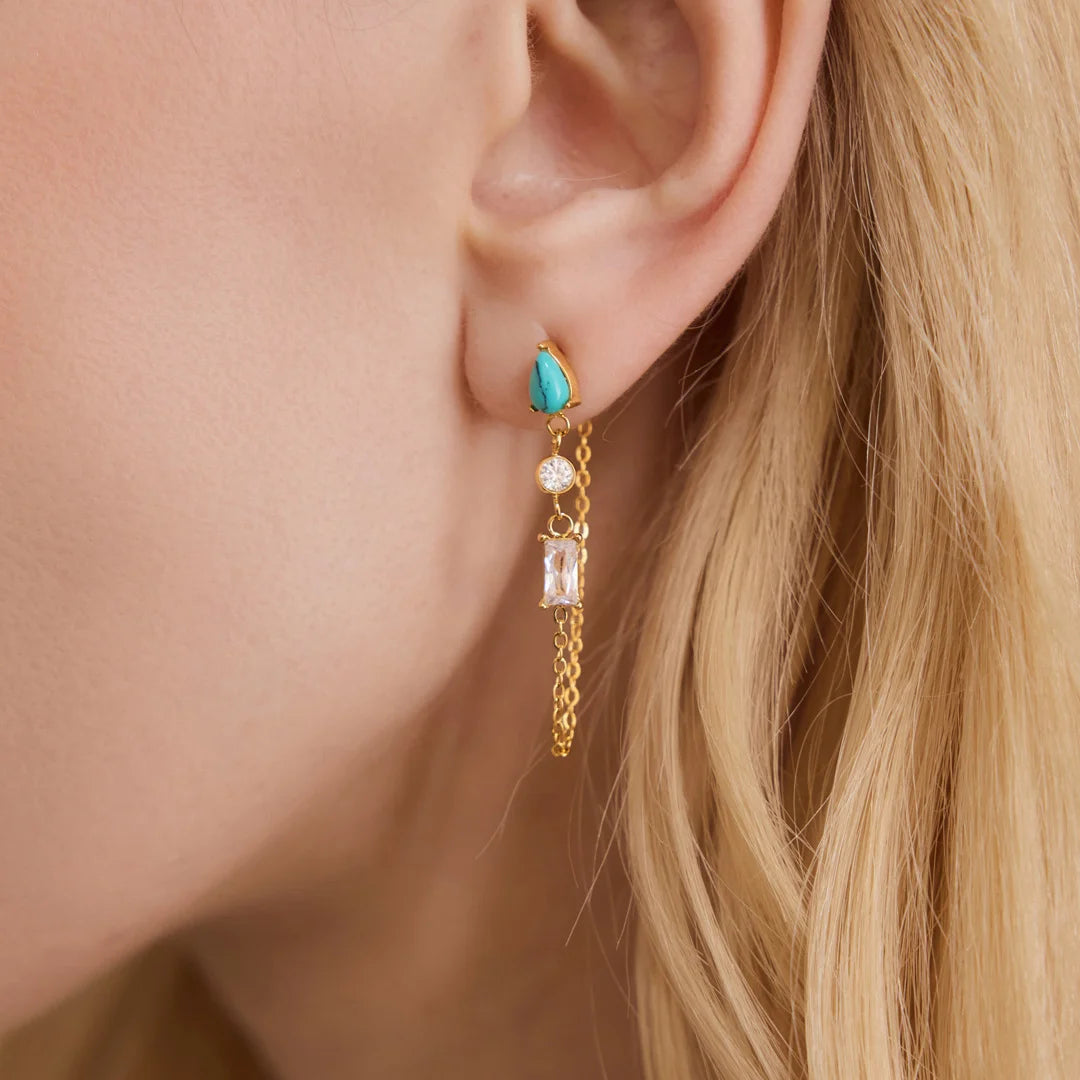 Turquoise Baguette Chain Dangle Earrings — view 3