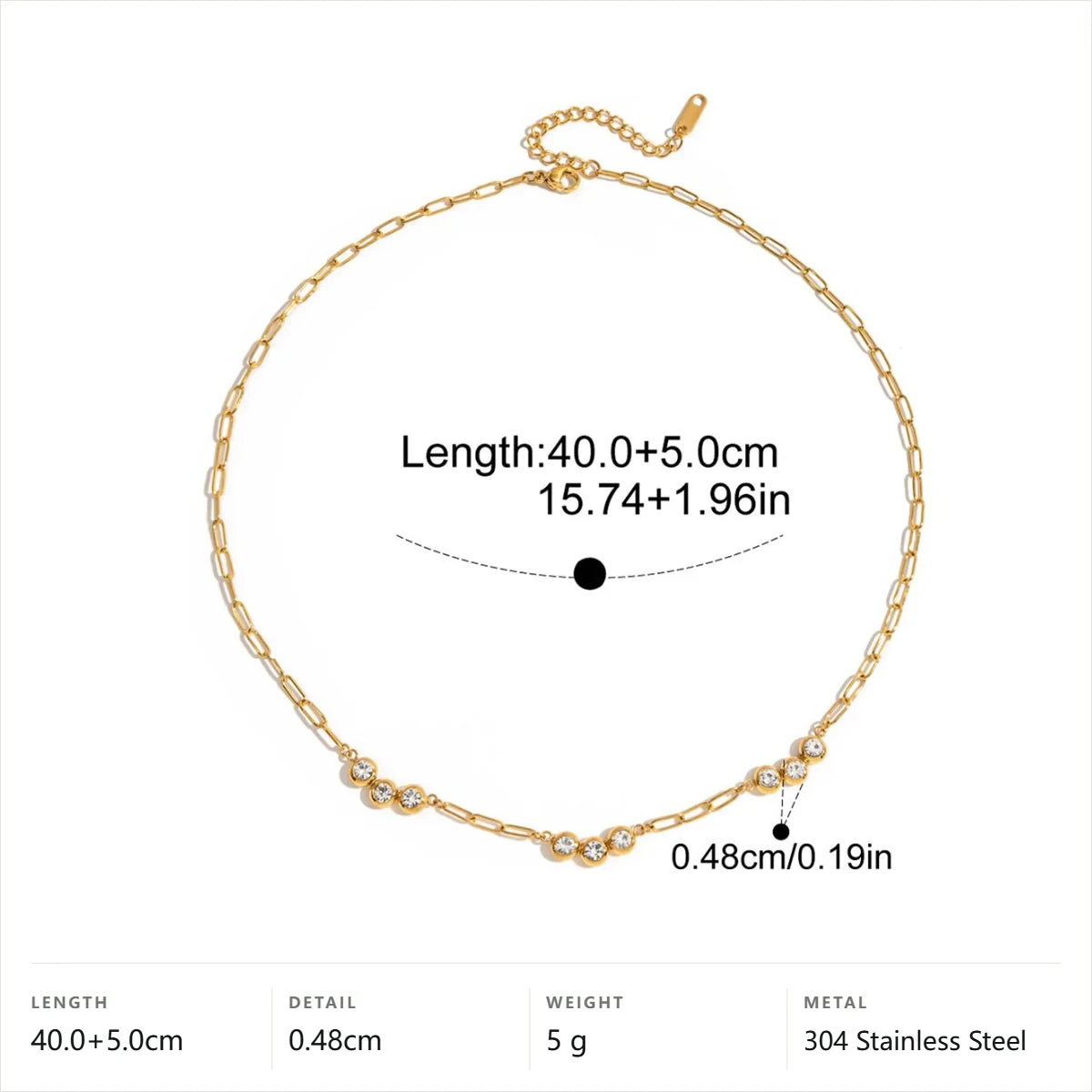 Coastal Blue Geometric Pendant Necklace — Paperclip Chain Round Crystal · Gold