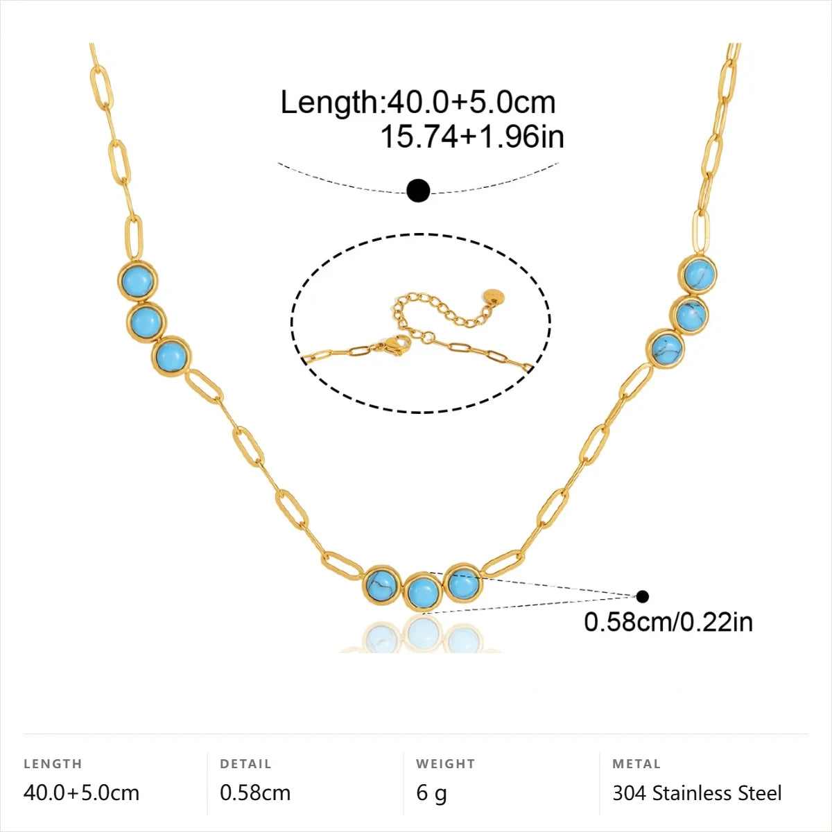 Coastal Blue Geometric Pendant Necklace — Paperclip Chain Blue Cabochon · Gold