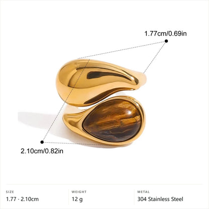 Two-Tone Pearl Open Ring — Tiger Eye Teardrop Wrap · Gold